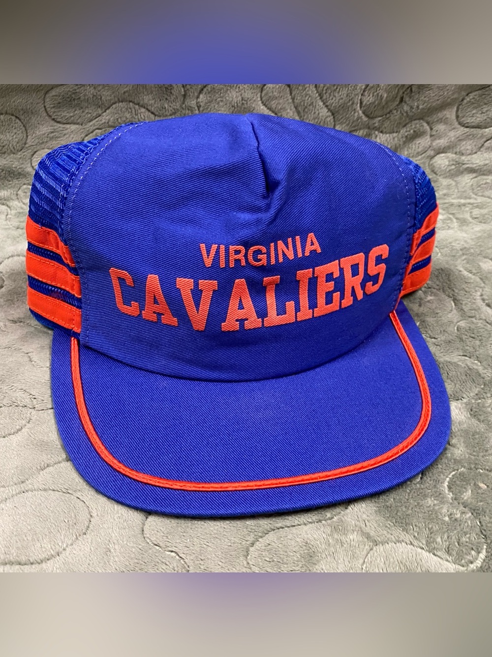 Vintage 70s 80s Virginia Cavaliers SnapBack Trucker Hat, Stripes, Blue Orange